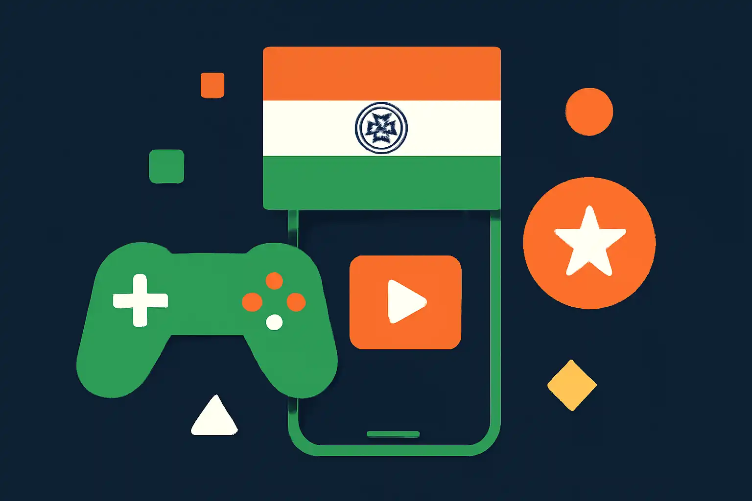 Hero illustration: Tiranga Game, modern flat design, dark background, brand-neutral, icons and shapes only, no text