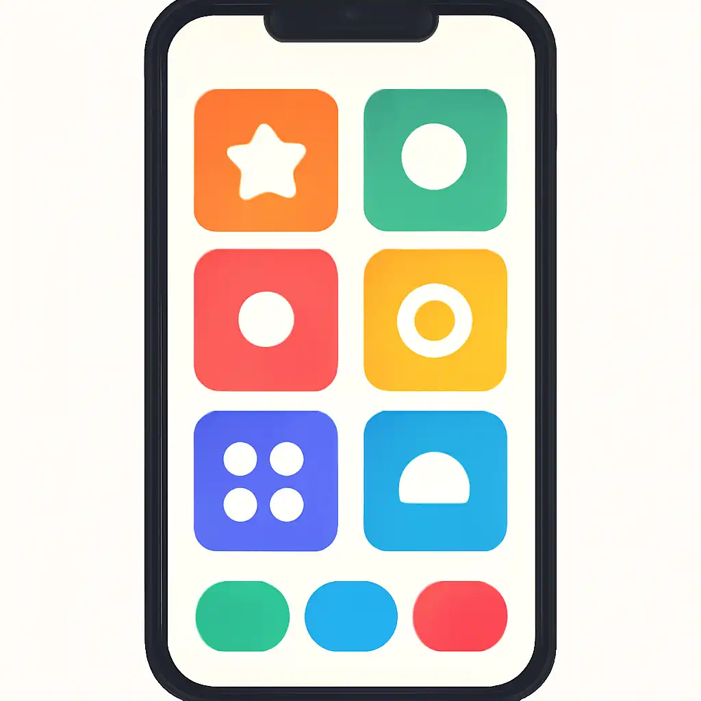 Smartphone shown from the front displaying a colourful flat layout of abstract game icons and rounded tiles (no text, no letters, no labels), Tiranga Game