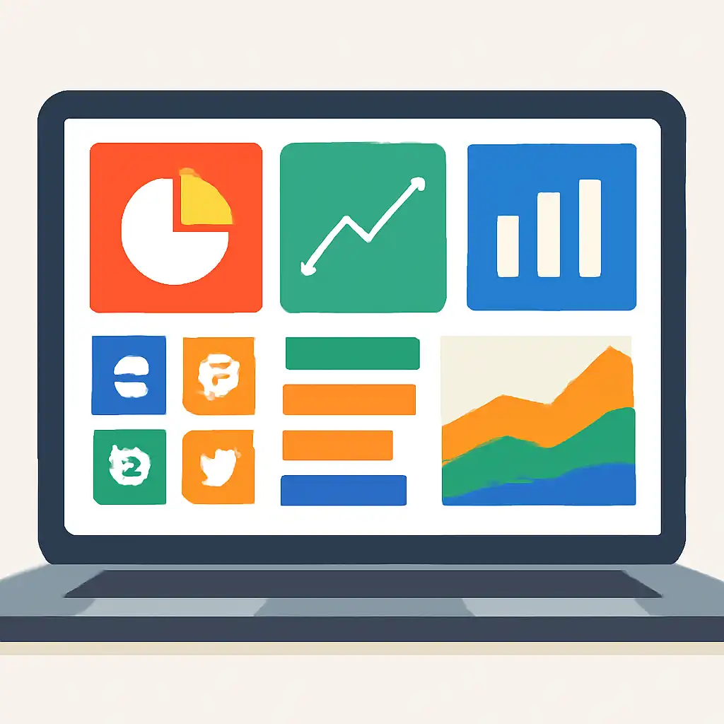 Laptop shown from the front displaying a colourful flat dashboard of abstract charts, bars and icon tiles (no text, no letters, no labels), Tiranga Game