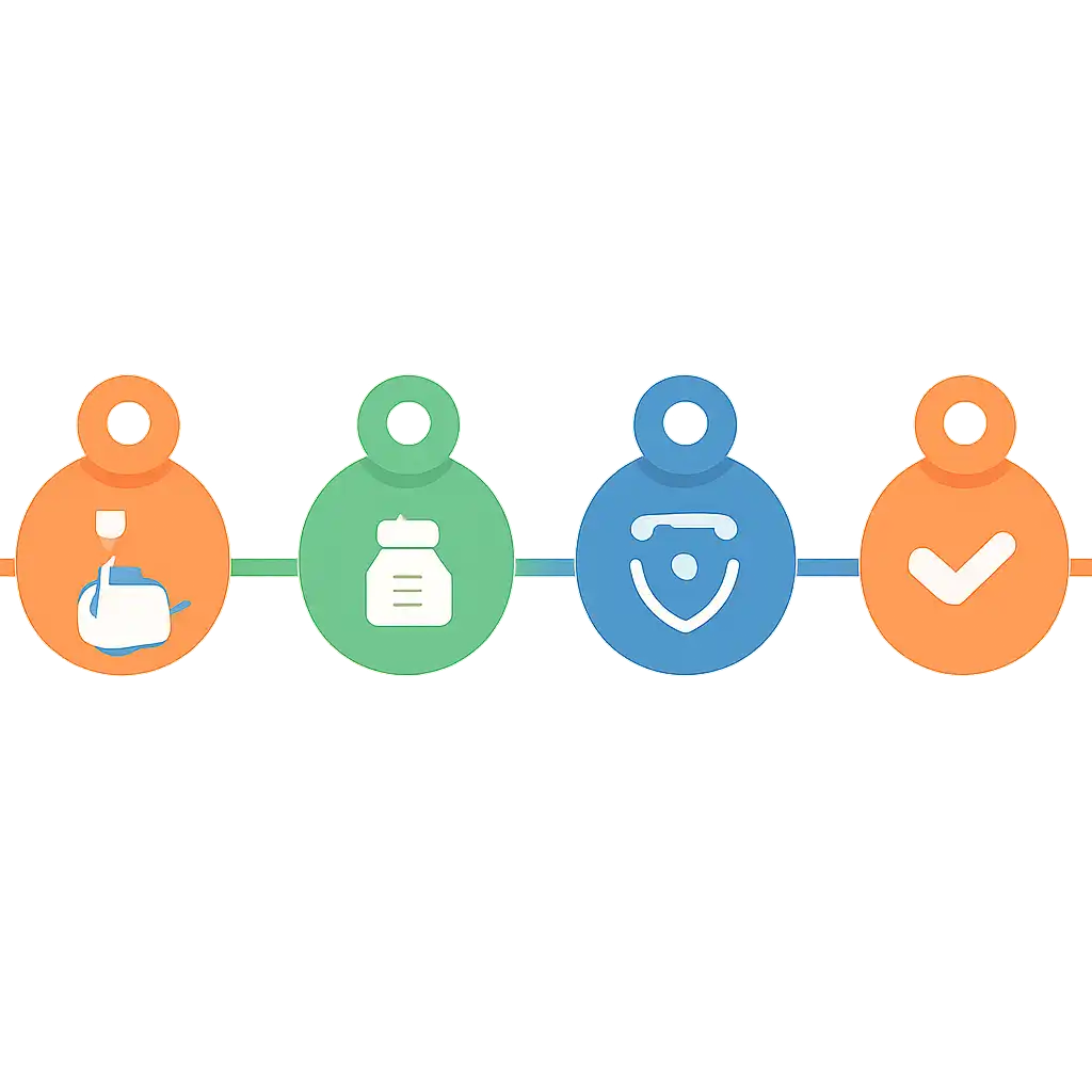Five numbered circular icons connected by arrows in a horizontal flow, flat illustration, icons only, no words, Tiranga Game steps